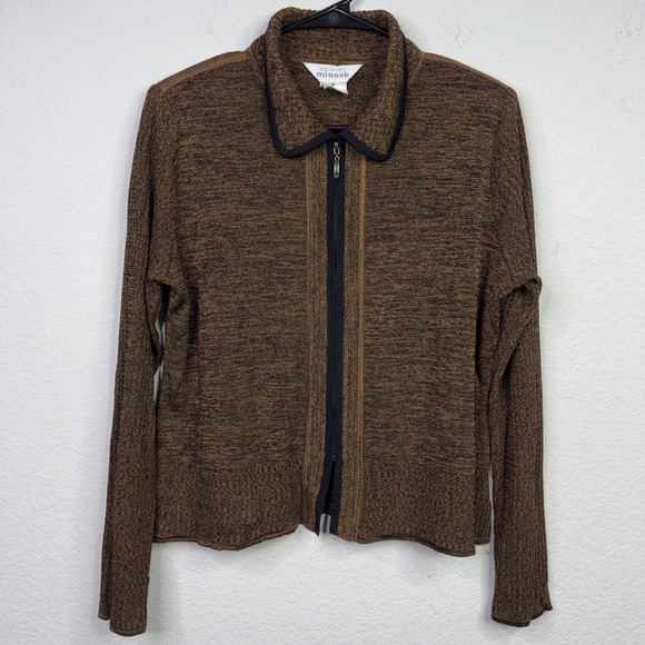 Misook Sweaters - Exclusively Misook Cardigan Sweater Womens M Brown Black Knit Zip Minimalist